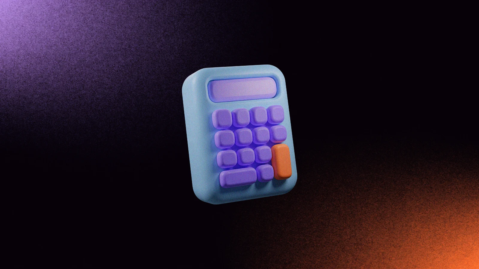 Calculadora de escritorio de arcilla con teclas violetas y una tecla naranja sobre fondo oscuro