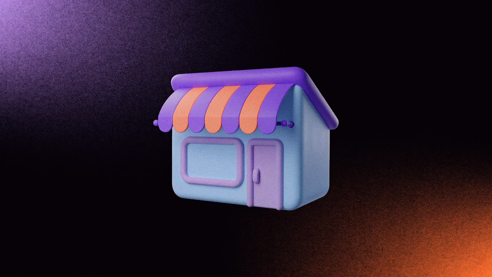 A clay storefront icon with a violet and orange striped awning, floating over a dark background with purple and orange glows
