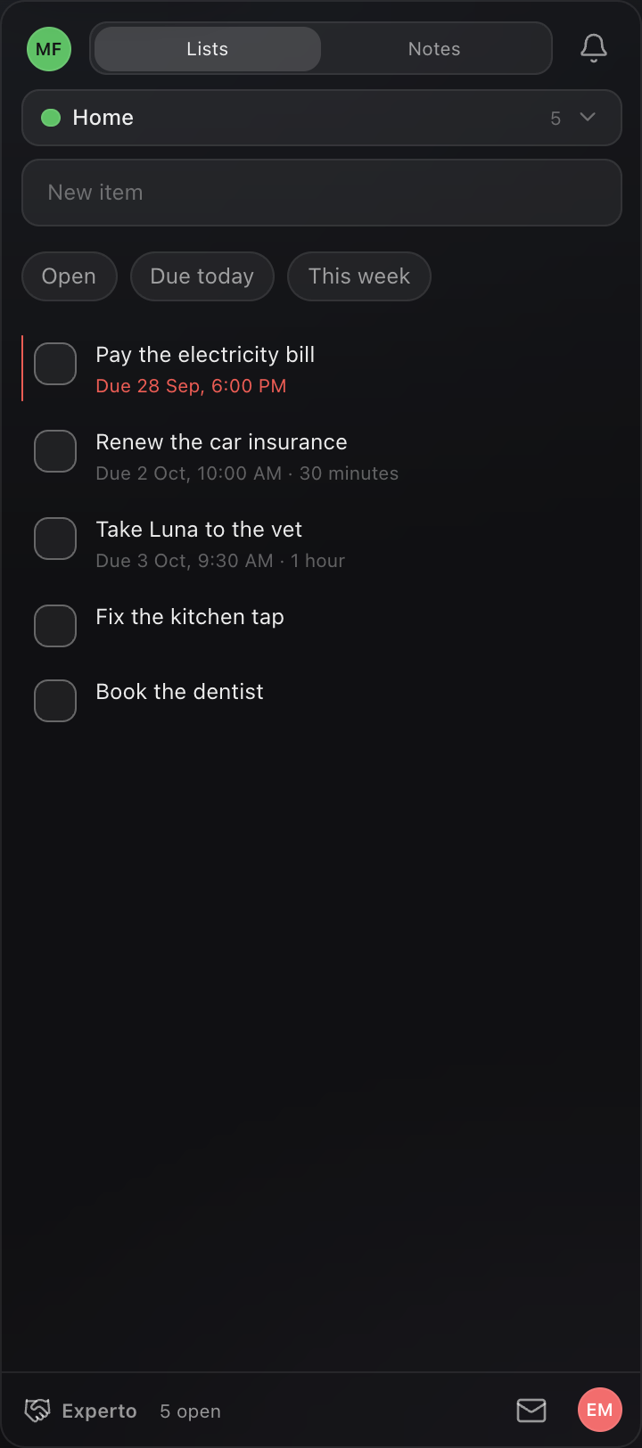 The Experto panel with the Home list and an overdue bill in red