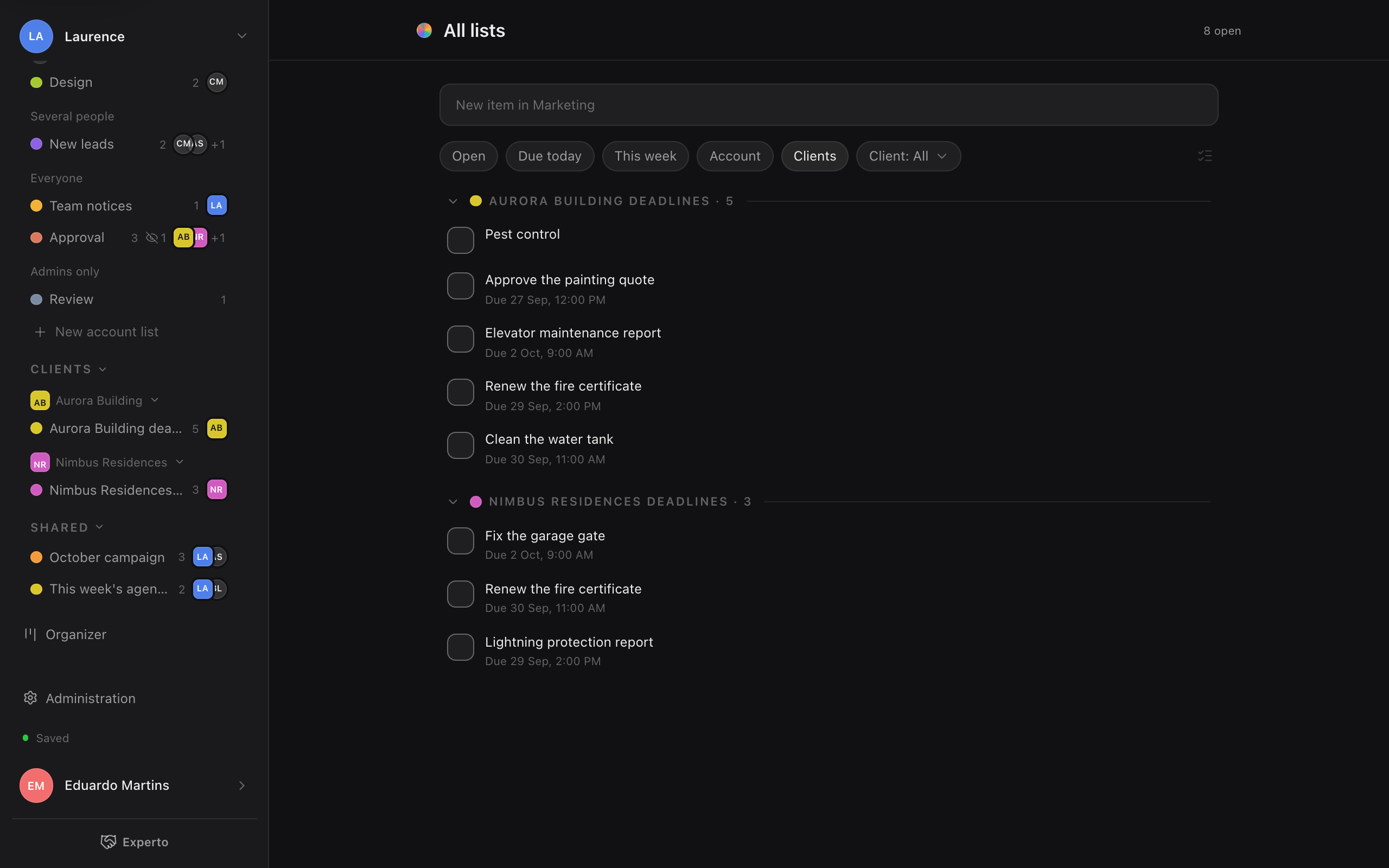 O Experto na web com os condomínios no menu lateral e os vencimentos de cada um