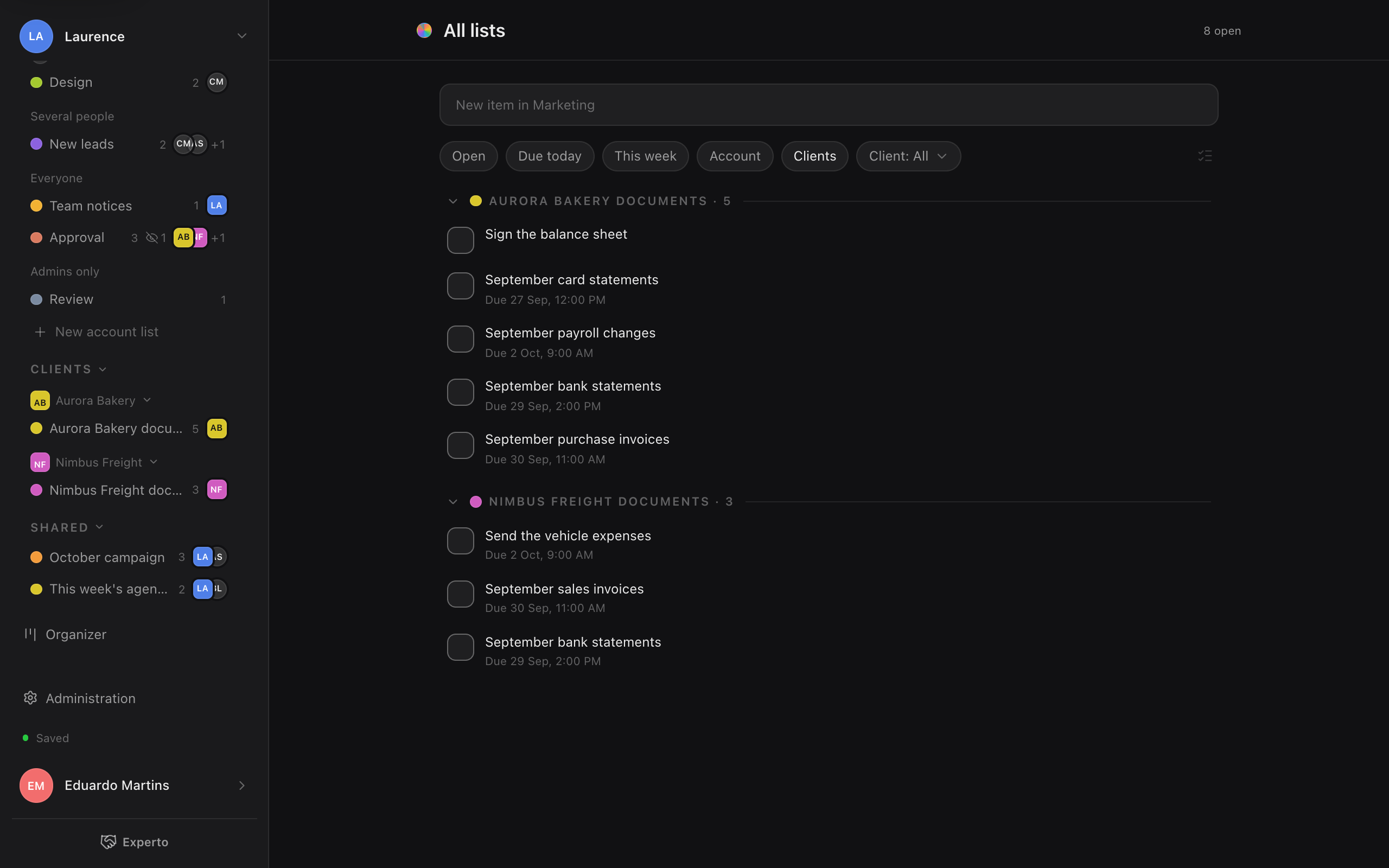 O Experto na web com o bloco Clientes e as pendências do mês de cada cliente