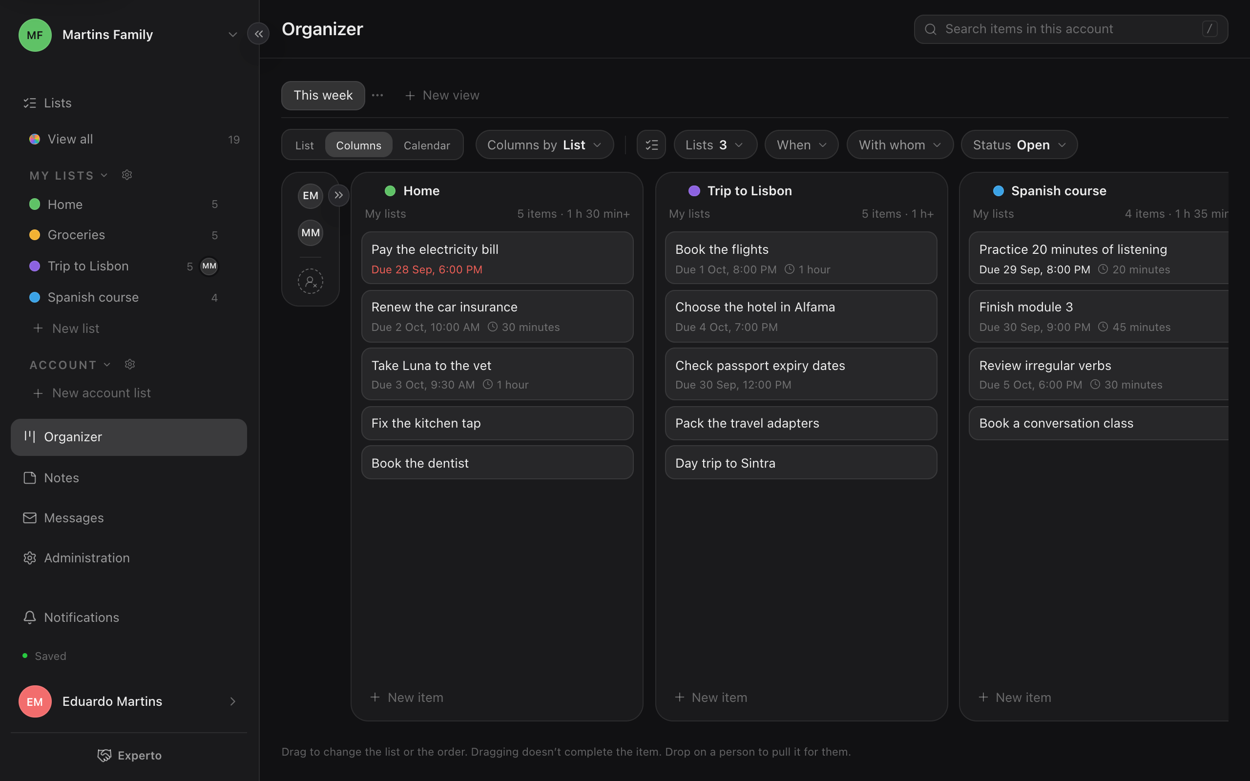 The Experto Organizer with three personal lists side by side: home, a trip and a Spanish course