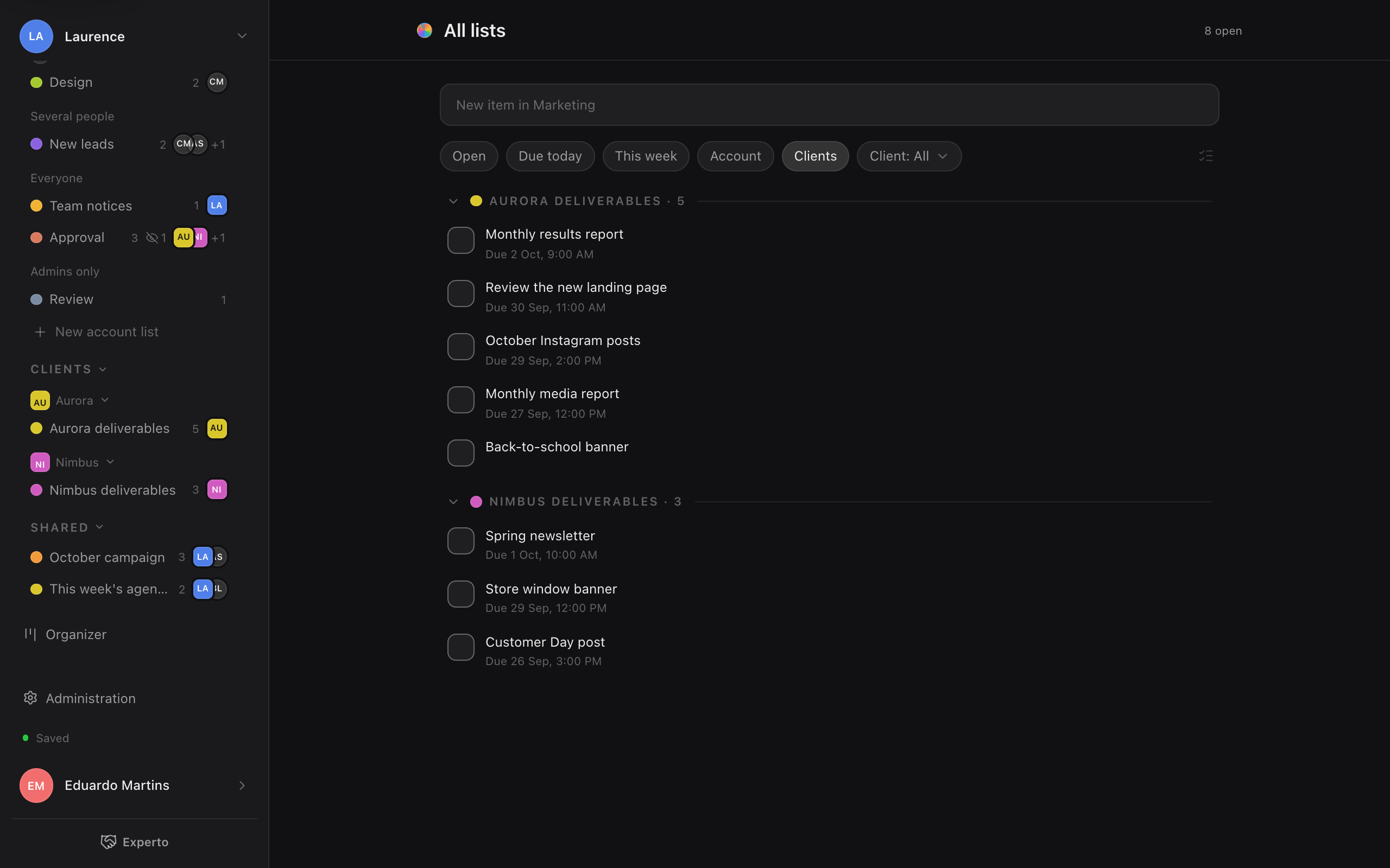 O Experto na web com o bloco Clientes no menu lateral e as tarefas de um cliente